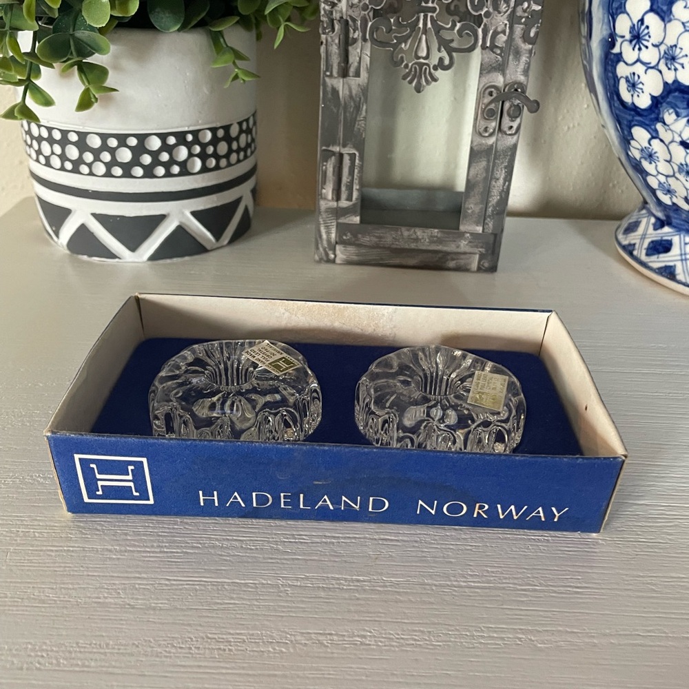 Pair of Hadeland Norway Nautilus 6MM Full Lead Crystal Candle Stick Holders